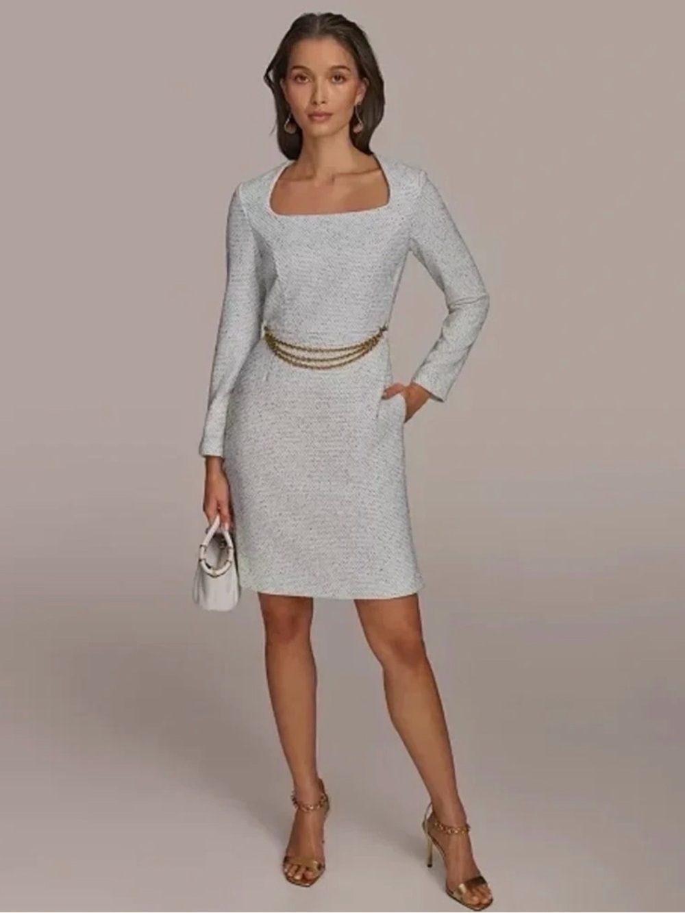 Donna Karan Light Gray Square-Neck Midi Dress with Chain Detail